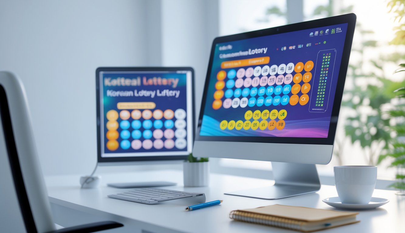 Meja kerja modern dengan komputer dan ponsel menampilkan tampilan angka lotere, dengan cahaya alami dan suasana profesional.