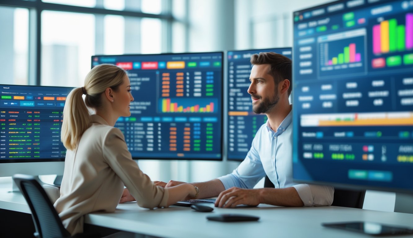 Seorang pria dan wanita sedang menganalisis data taruhan sepak bola pada layar digital di kantor modern.