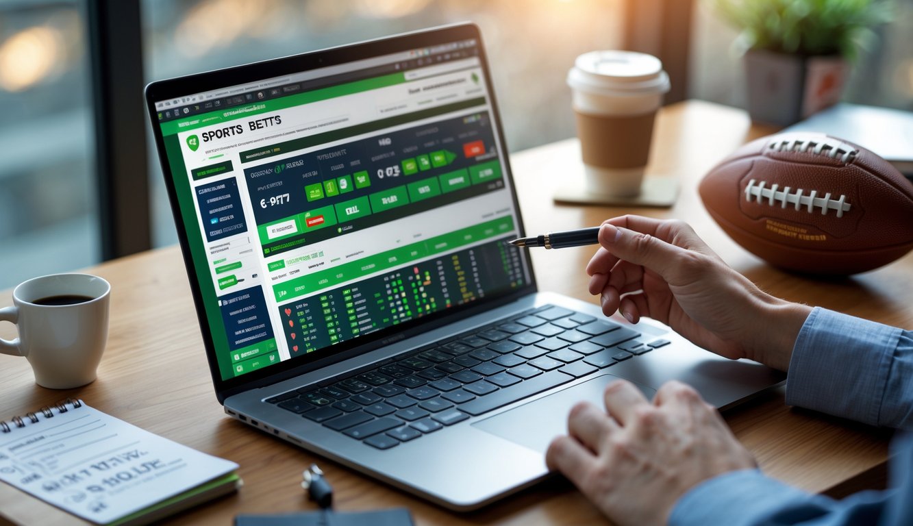 Seseorang menggunakan laptop dan ponsel di meja kerja dengan tampilan situs taruhan bola online dan bola sepak di dekatnya.