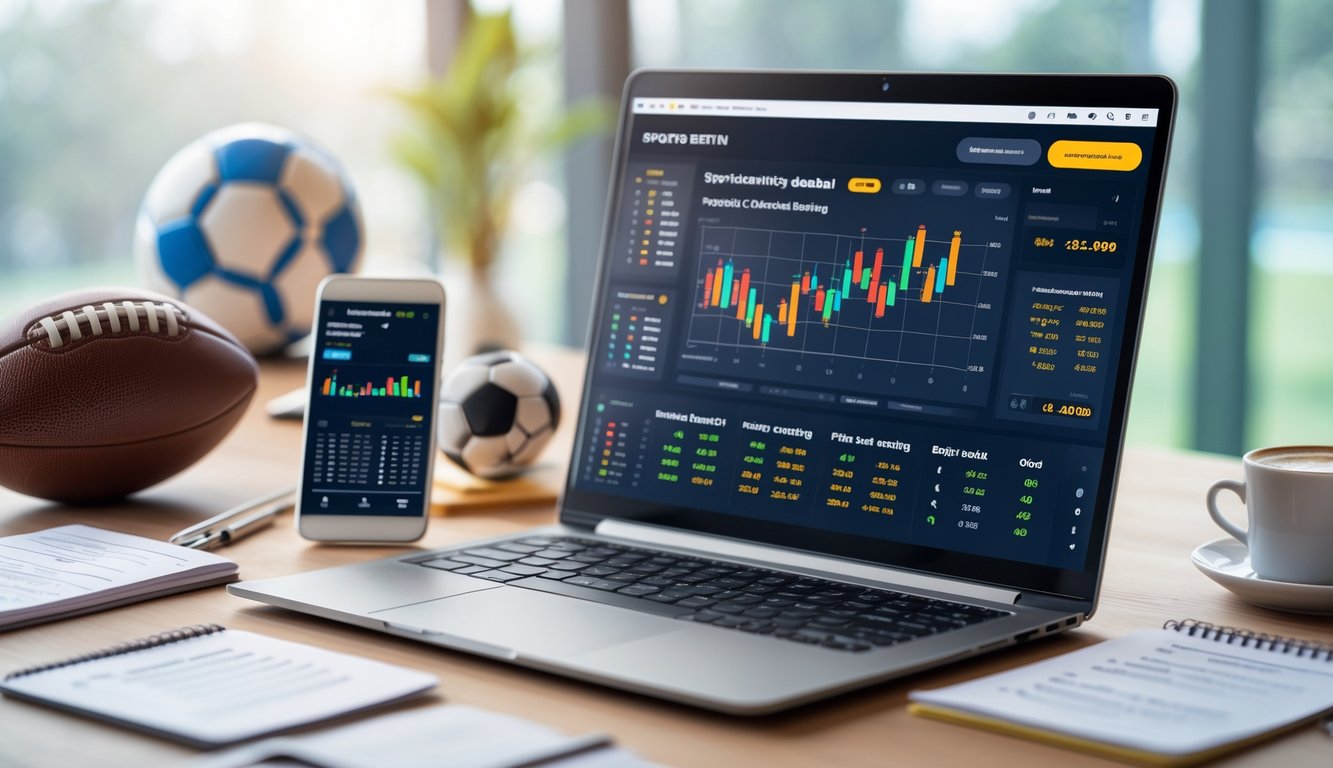 Seorang pria duduk di depan laptop dengan layar menampilkan data taruhan sepak bola, dikelilingi bola sepak, ponsel, dan catatan strategi di meja kerja.