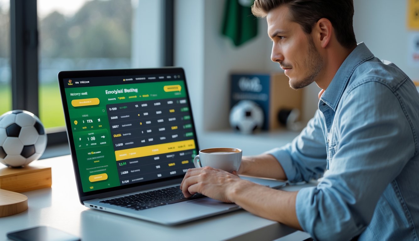 Seorang pria muda duduk di depan laptop yang menampilkan platform taruhan bola dengan odds dan statistik pertandingan sepak bola.