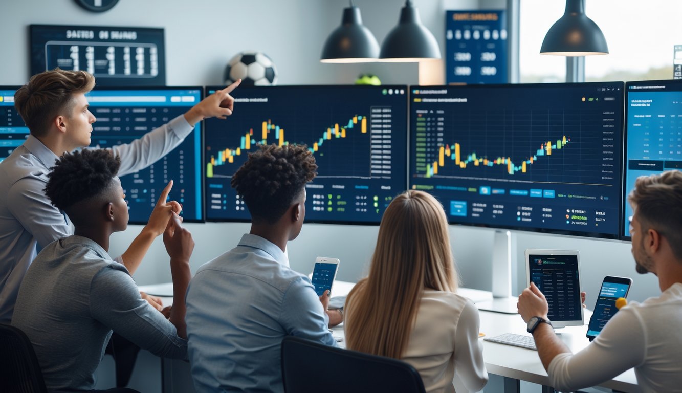 Sekelompok orang muda sedang berdiskusi dan melihat layar komputer yang menampilkan statistik dan angka taruhan sepak bola di sebuah kantor modern.
