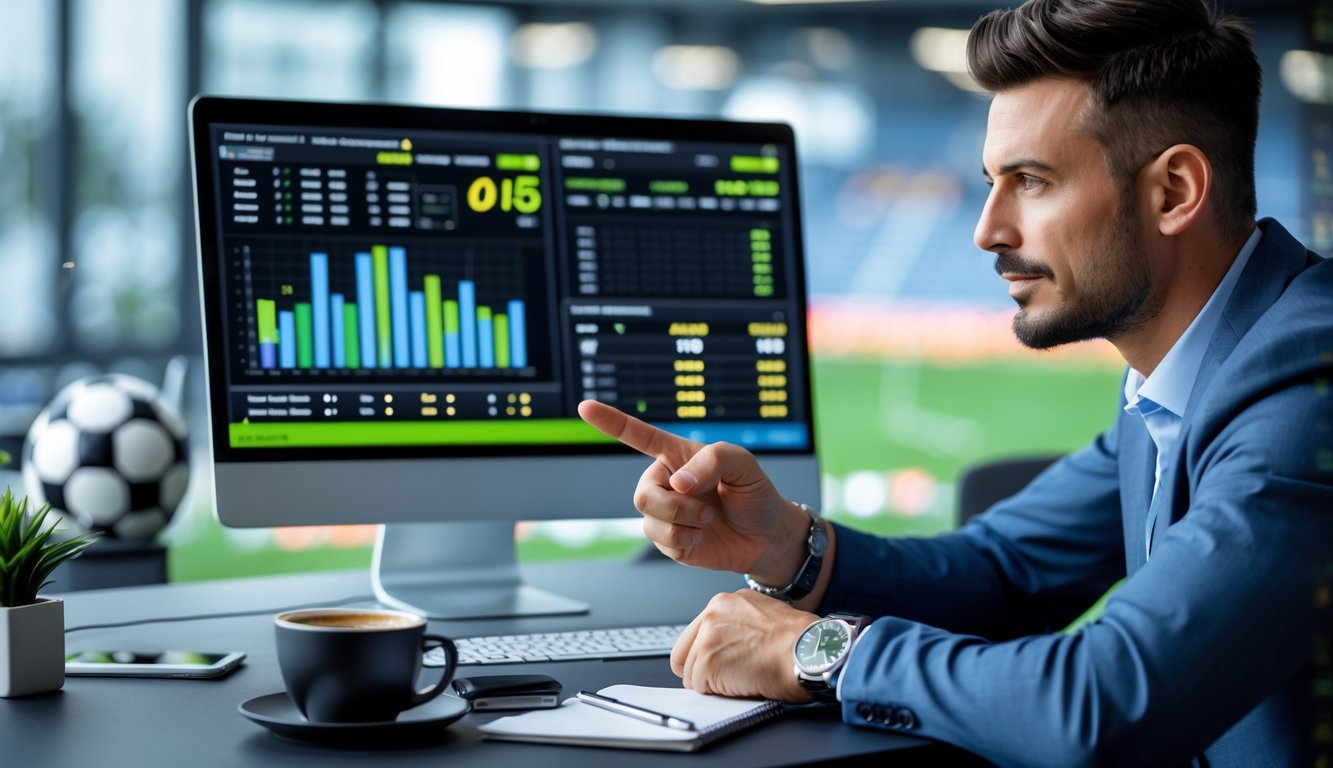 Seorang pria sedang menganalisis strategi taruhan bola dengan beberapa layar menampilkan statistik dan grafik di sebuah kantor modern.