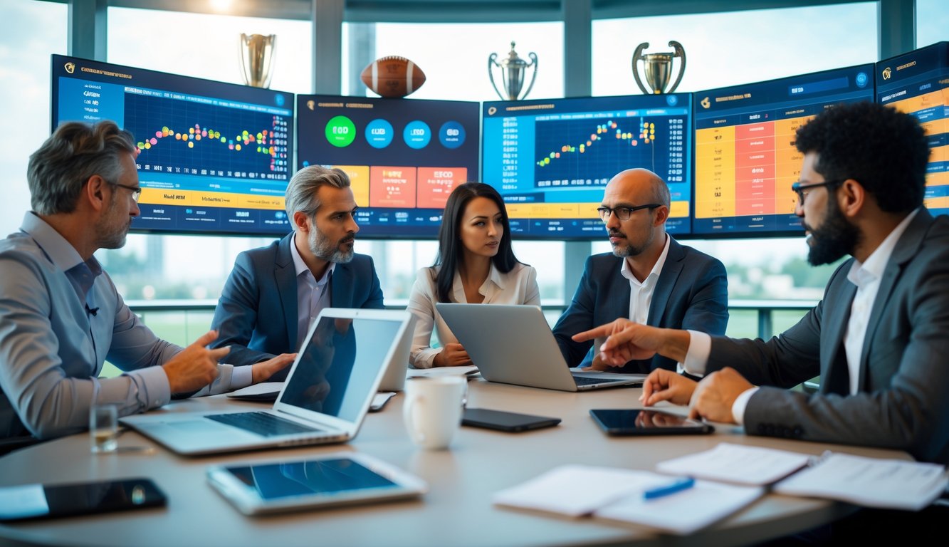Beberapa orang sedang menganalisis statistik dan peluang taruhan sepak bola di layar digital dalam ruangan modern.
