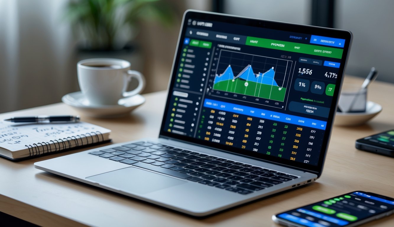 Seorang pria menggunakan laptop di meja kerja dengan layar menampilkan platform taruhan bola dan grafik peluang tinggi, dikelilingi oleh buku catatan, pena, dan ponsel.