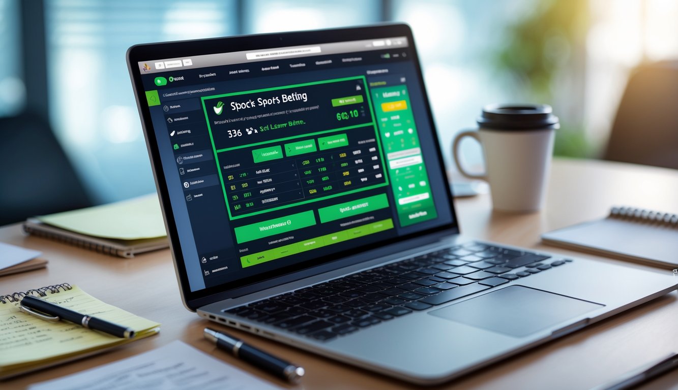 Meja kerja dengan laptop dan ponsel yang menampilkan platform taruhan bola, dikelilingi catatan dan cangkir kopi.