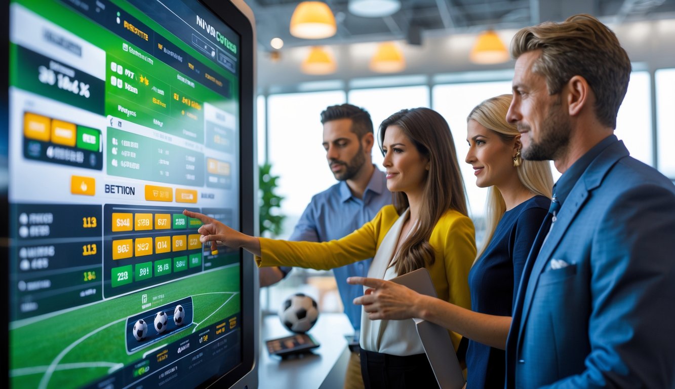 Beberapa orang sedang menggunakan layar sentuh besar untuk melihat peluang taruhan sepak bola dan fitur lengkap di sebuah ruangan modern.