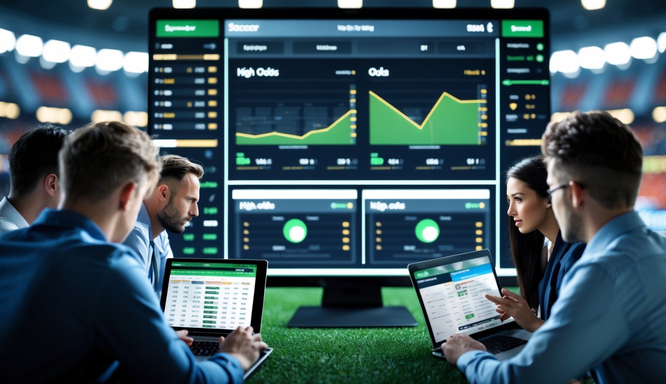 Sejumlah orang sedang menganalisis data taruhan bola dengan layar digital menampilkan berbagai odds dan statistik sepak bola.