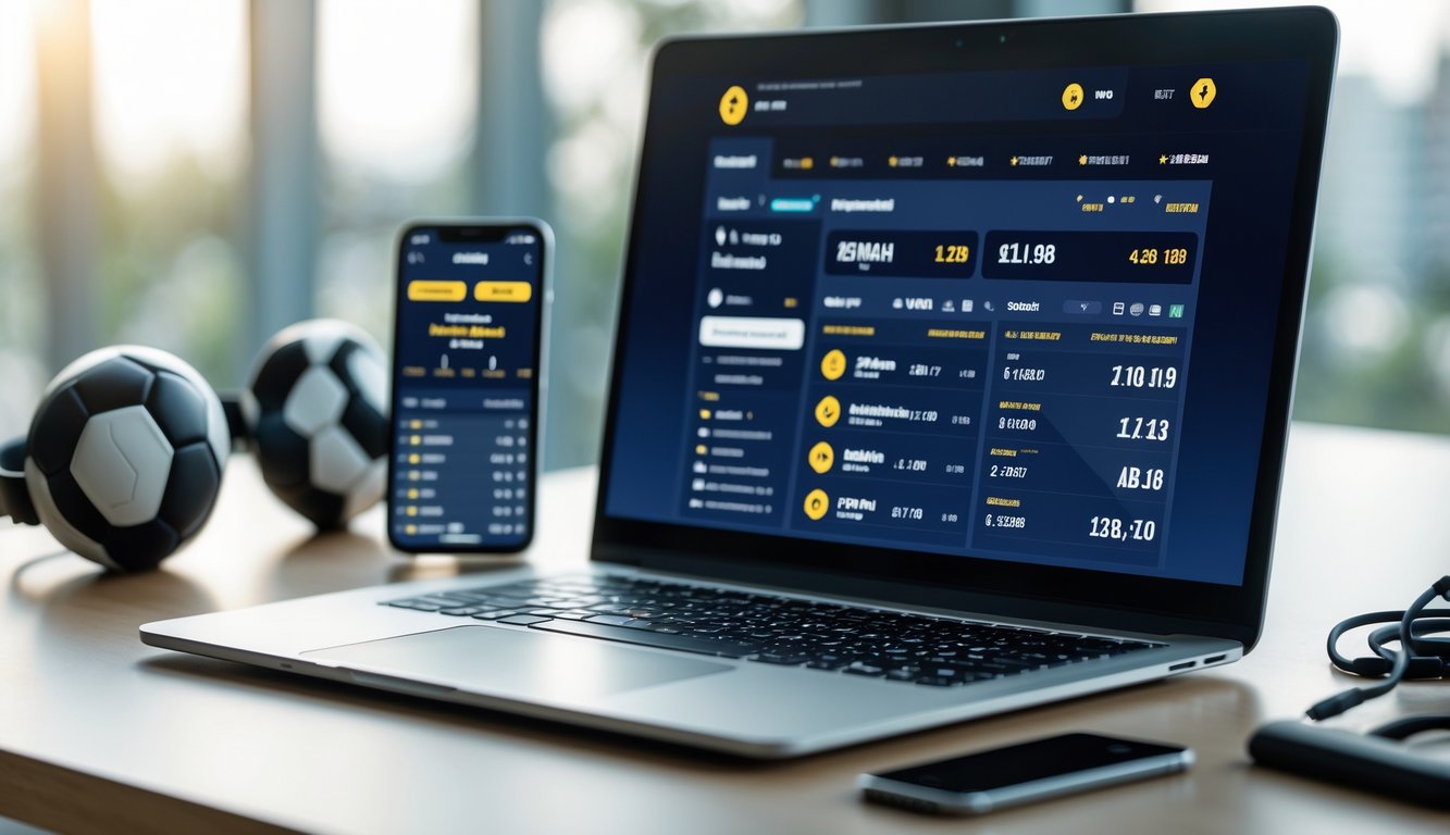 Seorang pria menggunakan laptop dan ponsel untuk memasang taruhan bola online dengan latar meja kerja yang rapi dan bola sepak kecil di sampingnya.