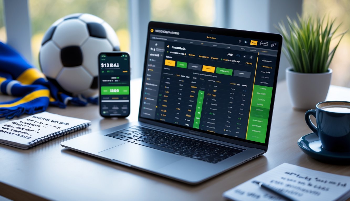 Meja kerja dengan laptop yang menampilkan platform taruhan bola online dan elemen terkait seperti ponsel, catatan, dan bola sepak di latar belakang.