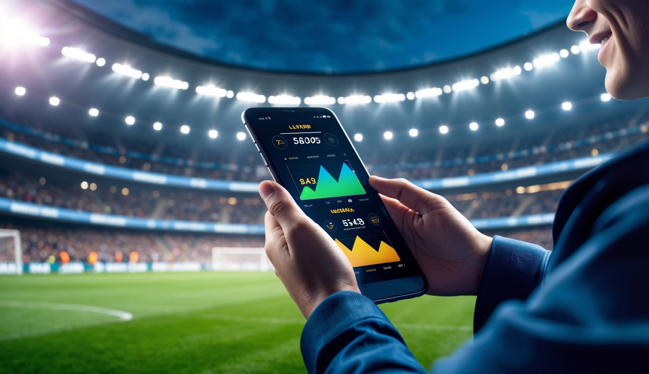 Tangan seseorang menggunakan ponsel dengan tampilan taruhan sepak bola dan latar belakang stadion sepak bola penuh penonton.