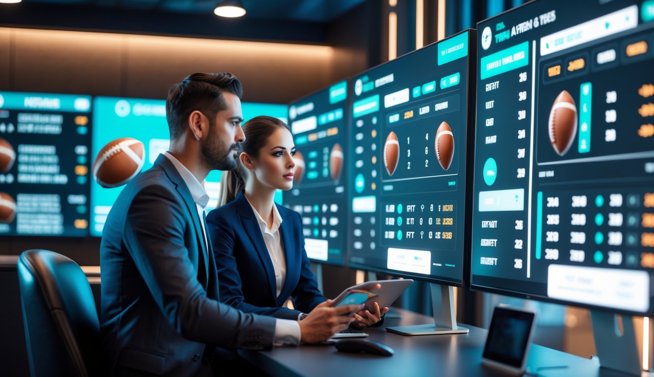 Dua orang profesional sedang melihat layar besar yang menampilkan data taruhan bola dengan latar belakang kantor modern.