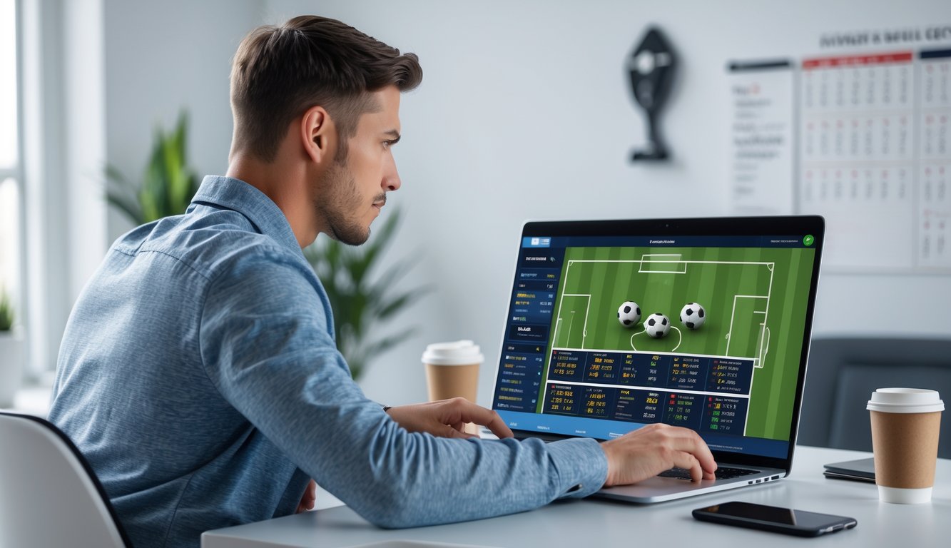 Seorang pria muda duduk di meja dengan laptop yang menampilkan platform taruhan bola, terlihat fokus dan berpikir strategis di ruang kerja rumah yang terang dan rapi.