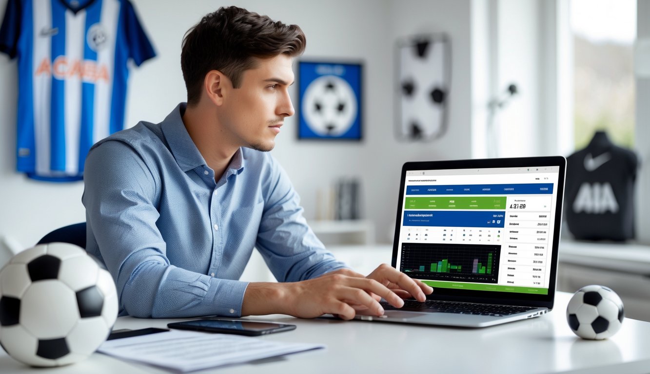 Seorang pria muda duduk di meja dengan laptop dan bola sepak di sekitarnya, fokus pada layar yang menampilkan platform taruhan bola.