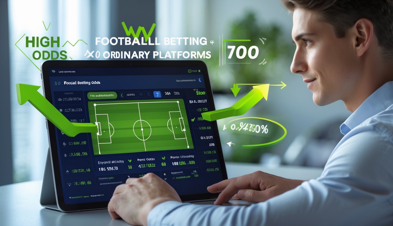 Seseorang menggunakan perangkat digital yang menampilkan statistik pertandingan sepak bola dan peluang taruhan tinggi dalam suasana kantor modern.