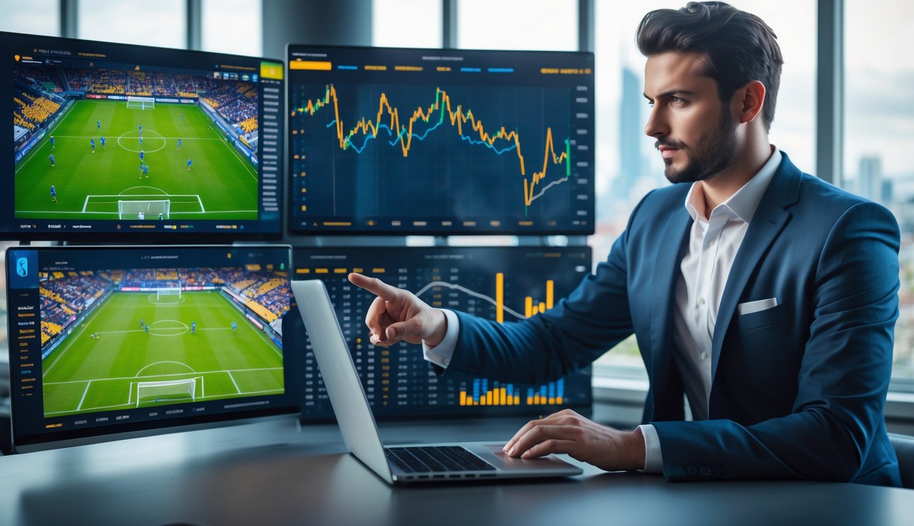 Seorang pria profesional sedang menganalisis statistik dan peluang taruhan sepak bola di beberapa layar digital dalam ruangan kantor modern.