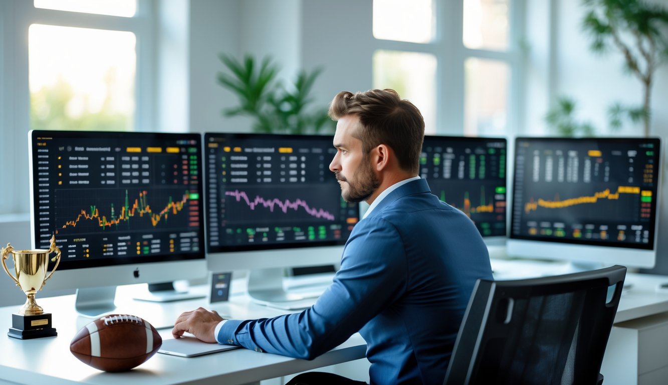 Seorang pria duduk di meja dengan beberapa layar komputer yang menampilkan data taruhan bola, fokus menganalisis informasi dalam ruangan kantor yang terang dan rapi.