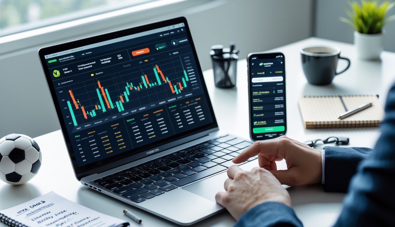 Meja kerja dengan laptop yang menampilkan grafik peluang taruhan bola, ponsel dengan aplikasi taruhan, dan tangan seseorang yang sedang bekerja.