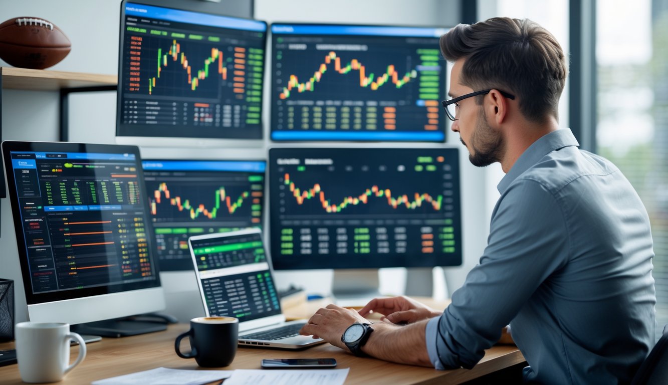 Seseorang yang fokus menganalisis data taruhan sepak bola online di depan beberapa layar komputer di kantor modern.