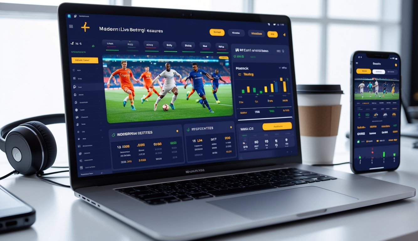 Seorang pria menggunakan laptop dan ponsel pintar untuk memasang taruhan bola secara langsung dengan tampilan antarmuka taruhan olahraga yang modern dan dinamis.