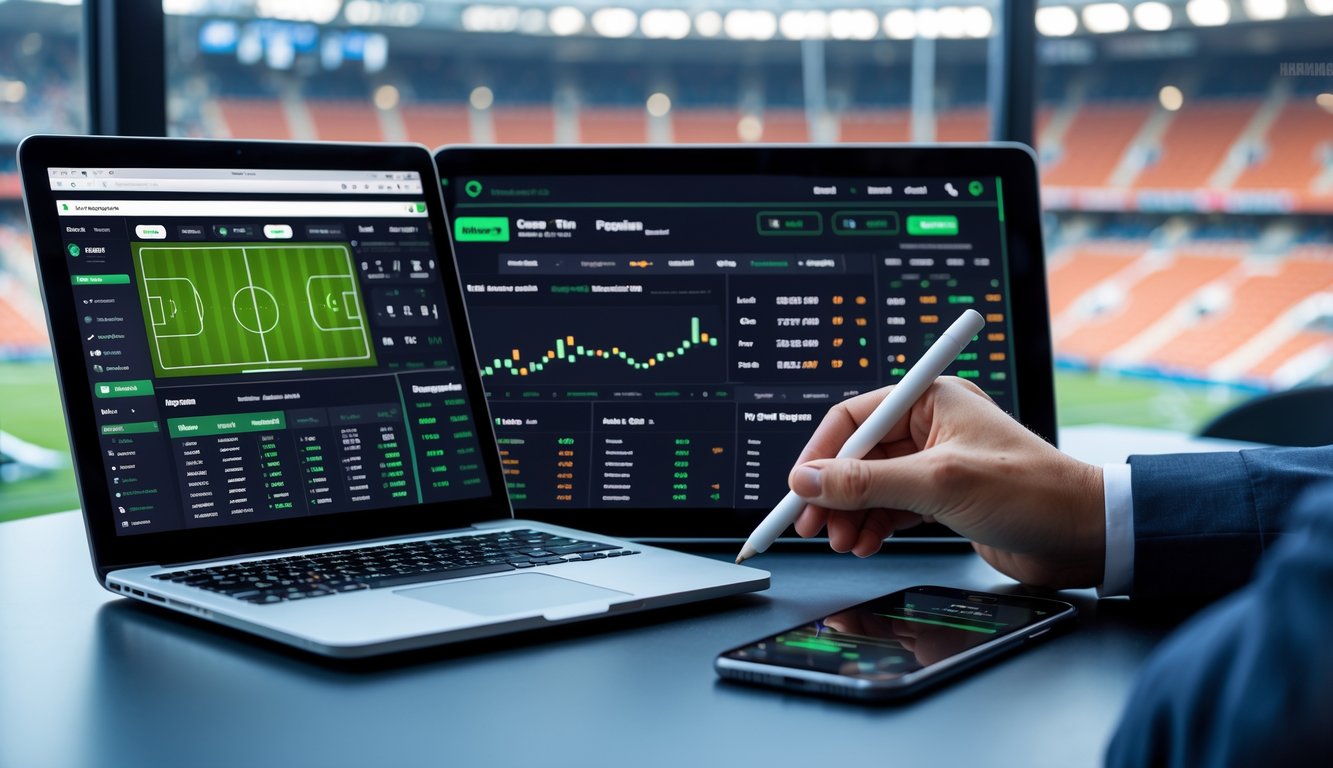 Seseorang menggunakan beberapa perangkat digital untuk memasang taruhan bola dengan tampilan pertandingan langsung dan data odds di layar.