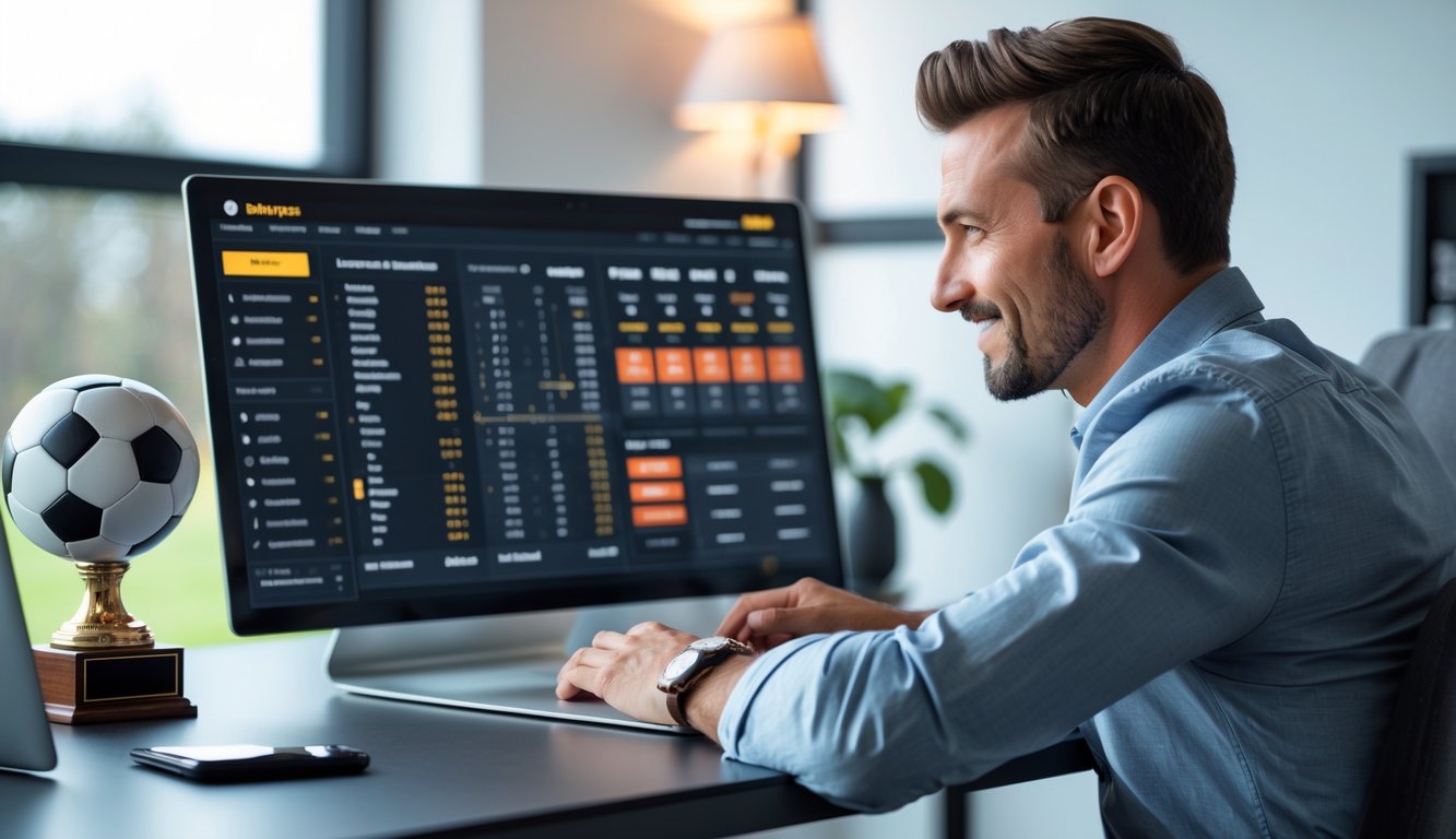 Seorang pria duduk di depan laptop dengan tampilan statistik dan peluang taruhan sepak bola, terlihat fokus dan percaya diri di ruang kerja yang rapi.