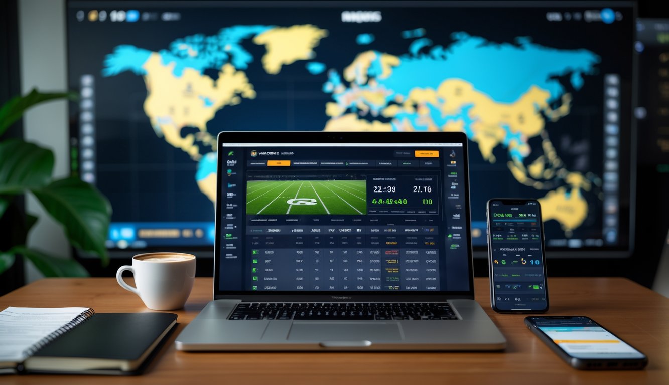 Seorang pria bekerja di depan laptop dengan tampilan situs taruhan olahraga dan perangkat lain di meja kerja.