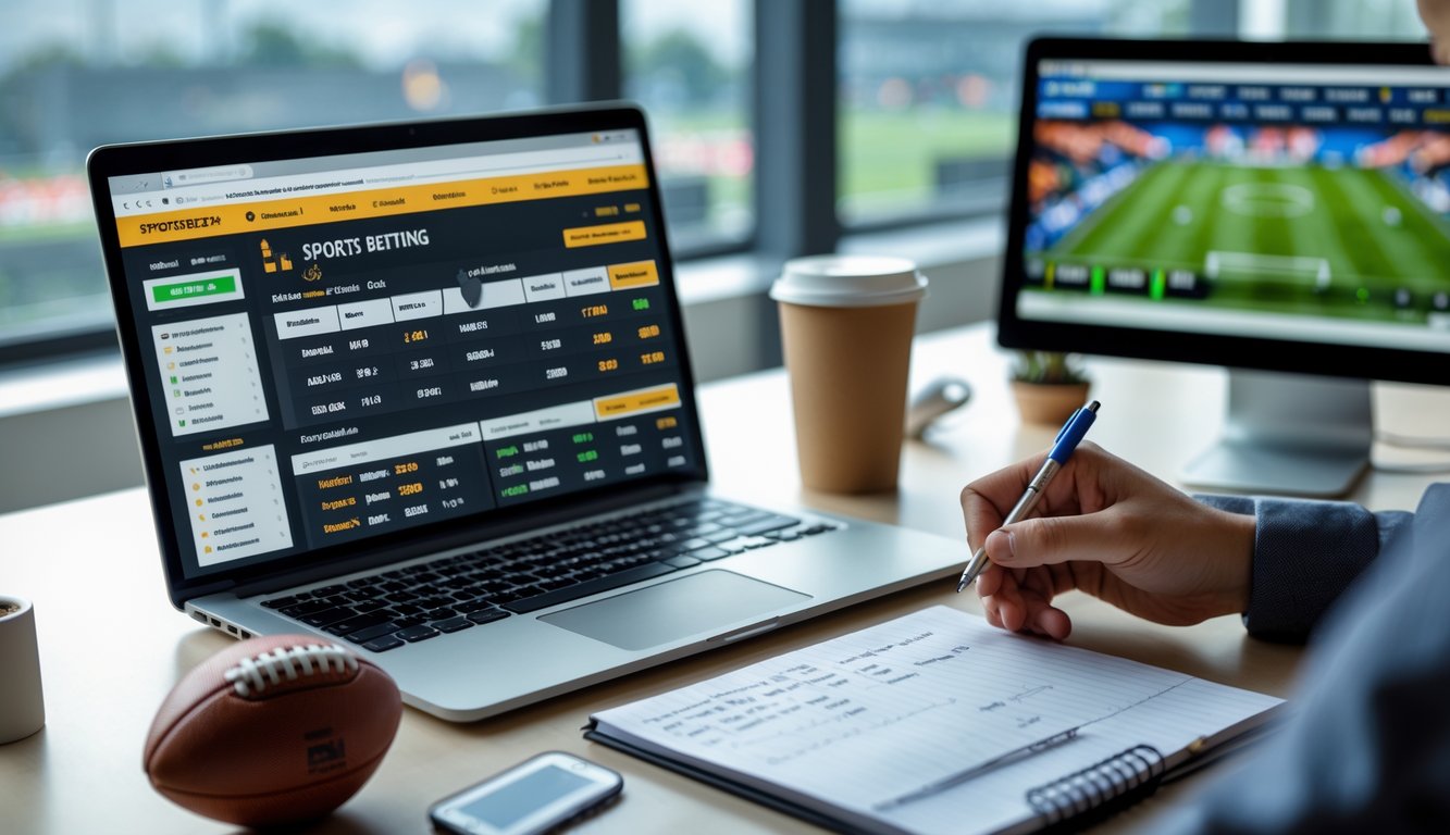 Meja kerja dengan laptop menampilkan situs taruhan bola, ponsel dengan pembaruan pertandingan sepak bola, dan tangan memegang cangkir kopi di samping catatan tulisan tangan.