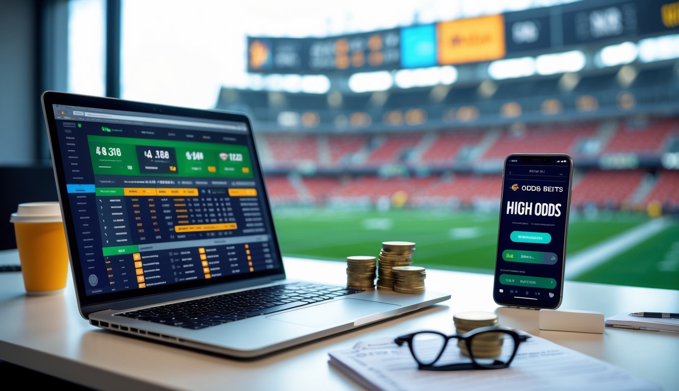 Meja kerja dengan laptop, ponsel, uang, dan alat tulis yang menunjukkan suasana taruhan bola dengan odds tinggi.