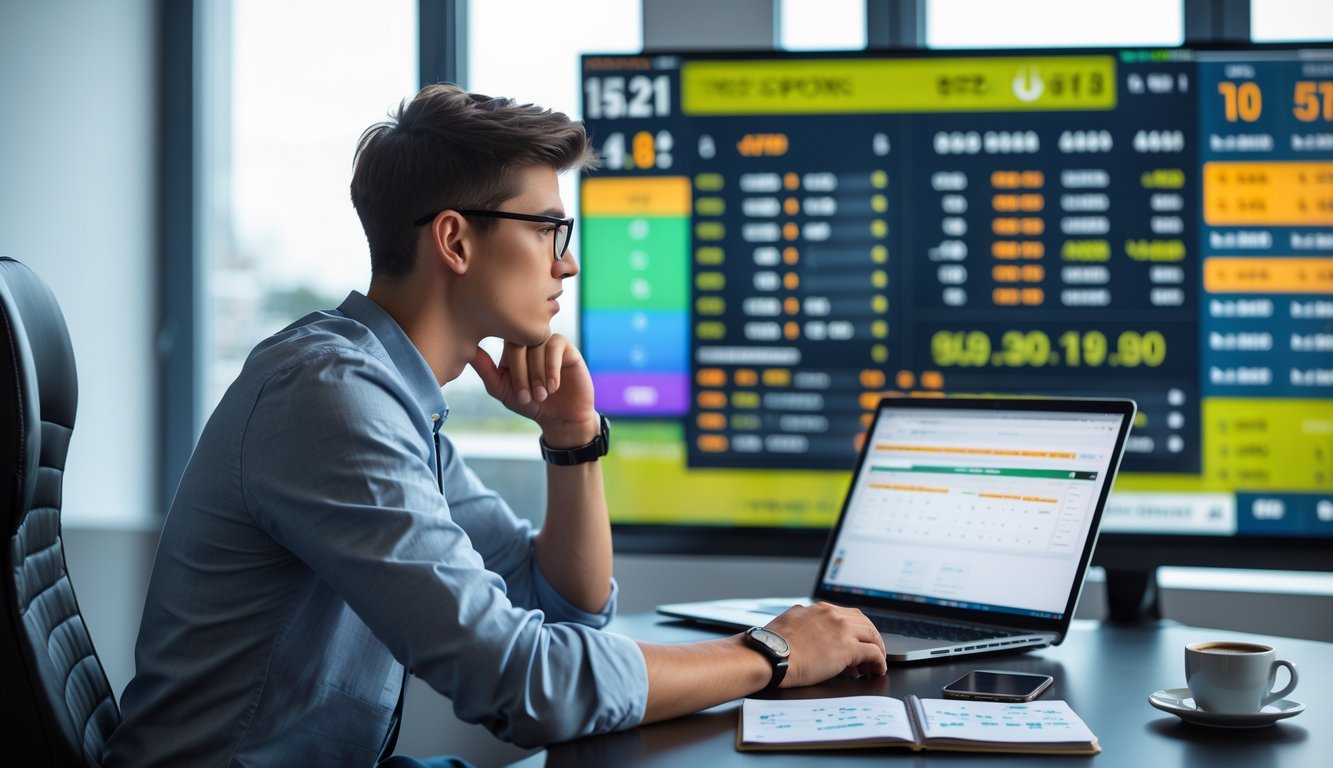 Seorang pria muda duduk di meja dengan laptop dan layar digital menampilkan data taruhan bola, fokus menganalisis informasi.