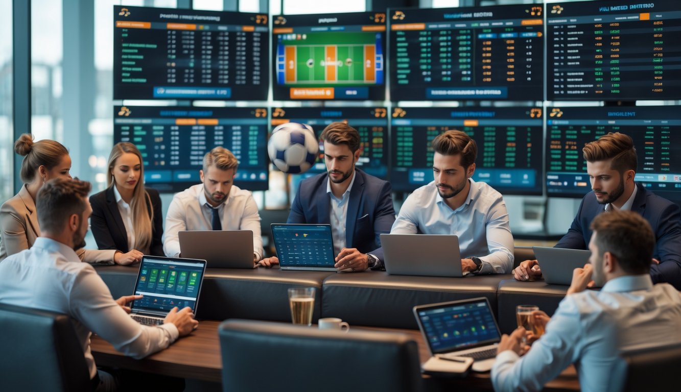 Beberapa orang sedang melihat layar besar yang menampilkan pertandingan sepak bola dan peluang taruhan di sebuah ruangan modern.