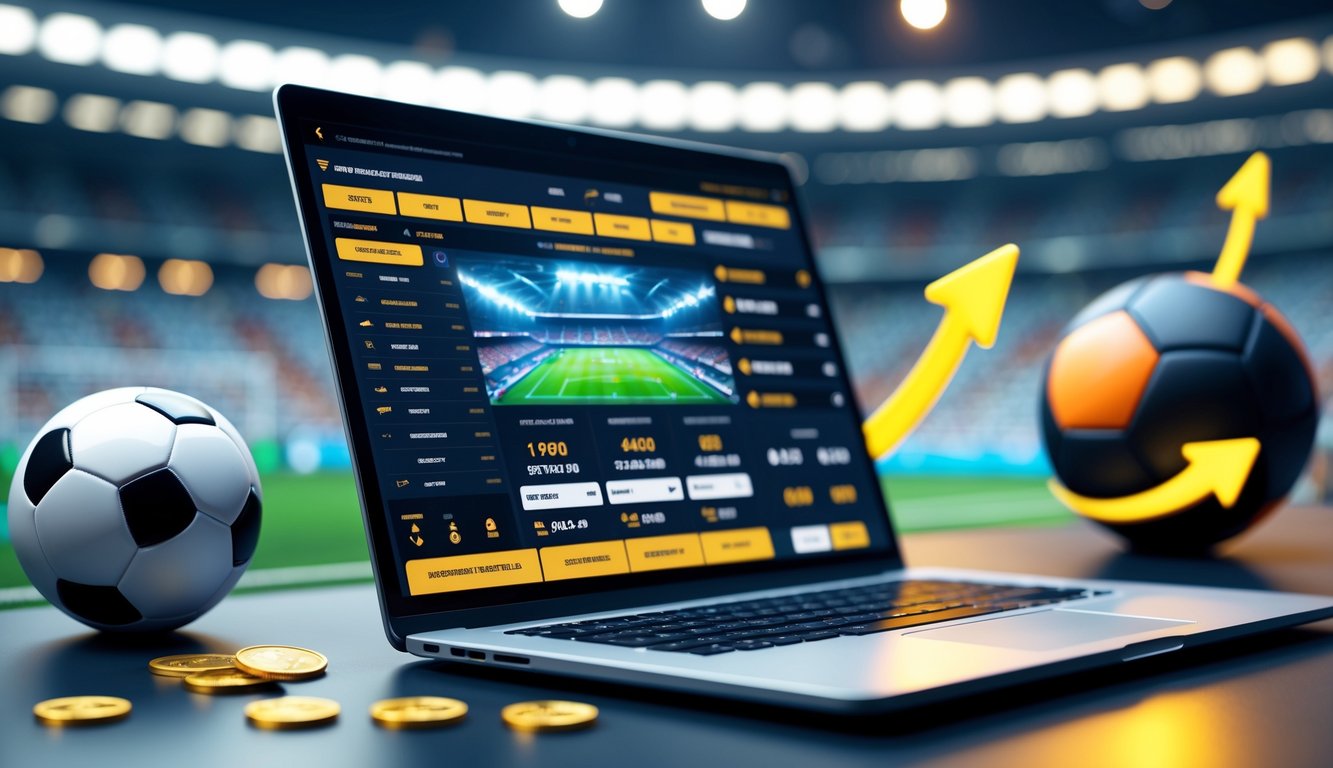 Sebuah laptop di atas meja menampilkan antarmuka taruhan bola dengan bola sepak di samping dan latar belakang stadion yang terang.