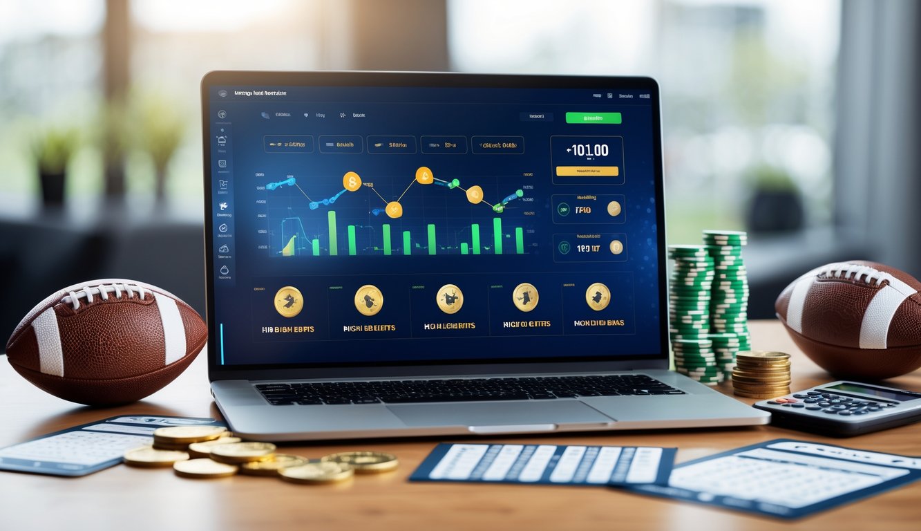 Sebuah laptop dan ponsel menampilkan platform taruhan bola dengan bola sepak dan koin di atas meja kayu.