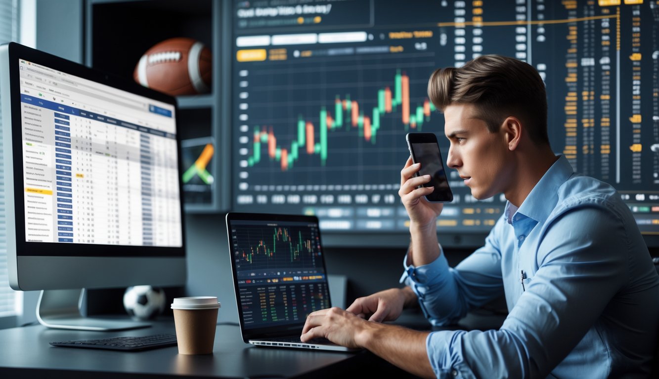 Seorang pria muda sedang menganalisis data taruhan bola di kantor dengan komputer dan ponsel.
