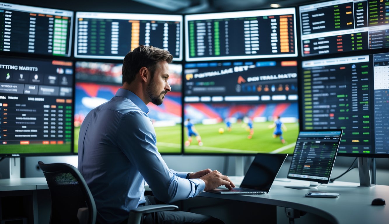 Seseorang sedang menganalisis data taruhan bola modern di depan beberapa layar komputer yang menampilkan statistik dan peluang pertandingan sepak bola.