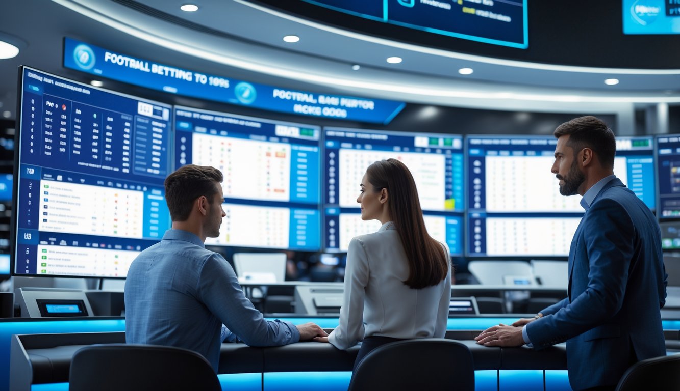 Dua orang sedang melihat layar besar dengan statistik pertandingan sepak bola dan sistem keamanan canggih di latar belakang.