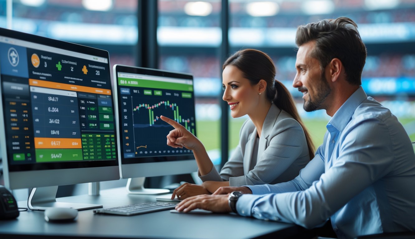 Seorang pria dan wanita duduk di meja modern sambil melihat layar komputer yang menampilkan statistik dan peluang taruhan bola.