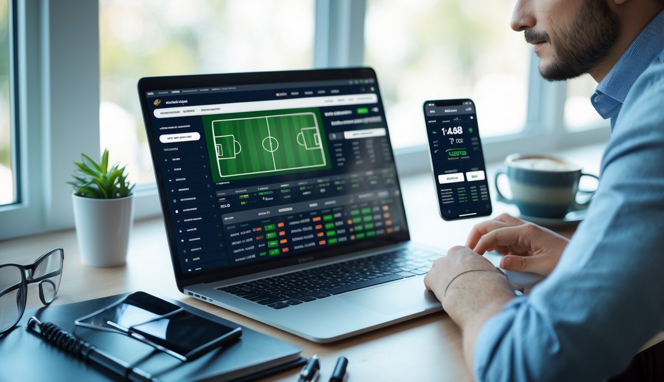 Seorang pria duduk di depan laptop yang menampilkan situs taruhan bola, dengan ponsel di sampingnya yang menunjukkan pembaruan pertandingan sepak bola secara langsung.