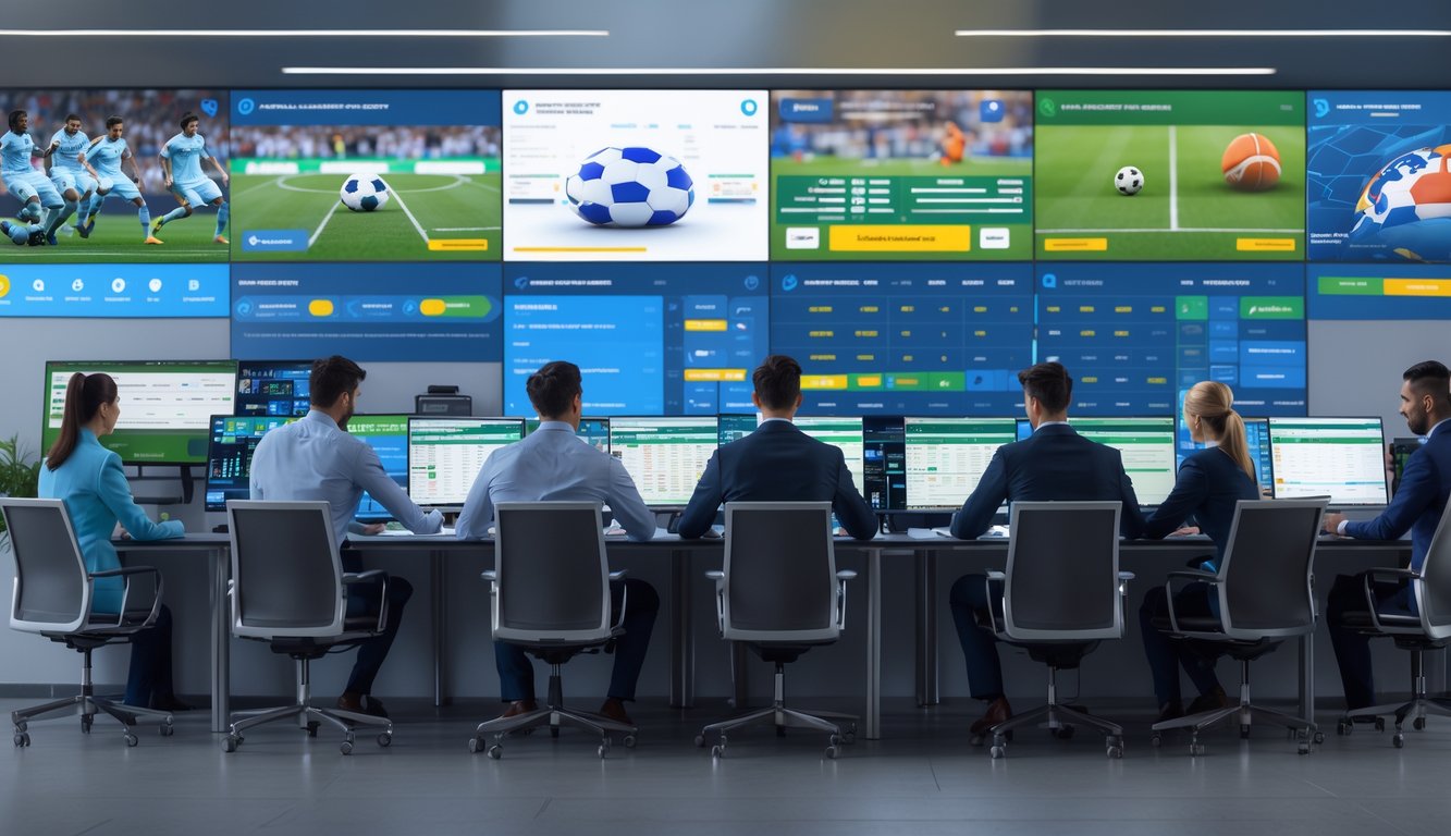 Orang-orang bekerja di kantor modern dengan layar besar menampilkan berbagai acara olahraga internasional.