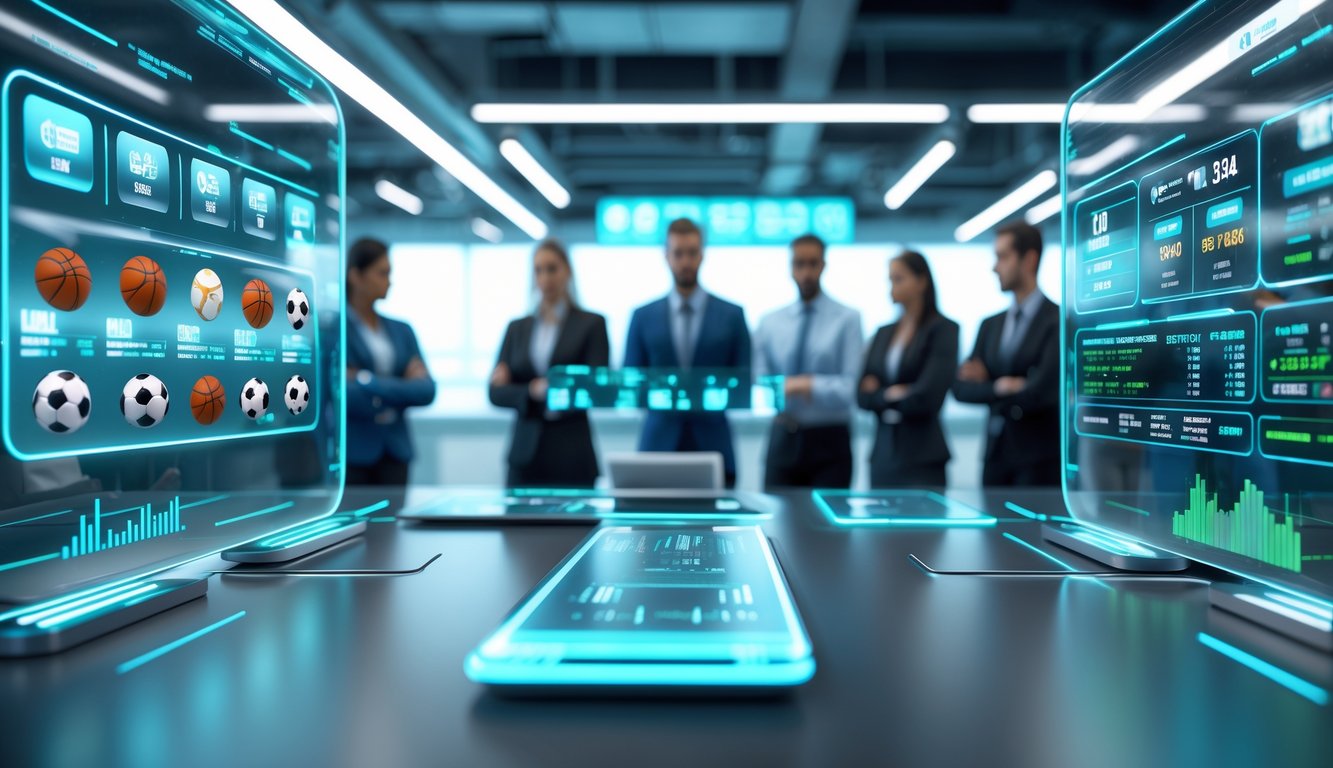 Sejumlah profesional sedang bekerja di depan layar dengan grafik dan statistik pertandingan olahraga internasional.