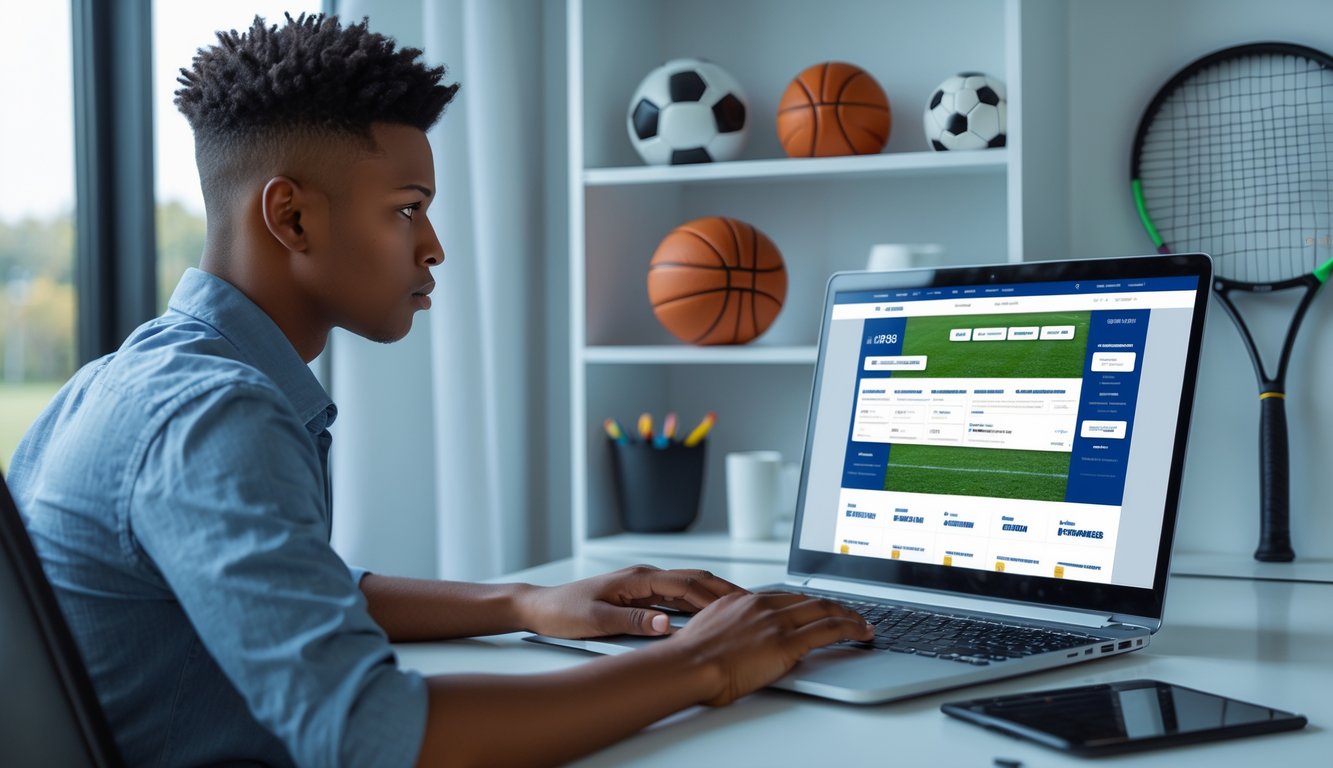 Seseorang duduk di meja kerja menggunakan laptop yang menampilkan situs taruhan olahraga, dengan perlengkapan olahraga internasional di latar belakang.