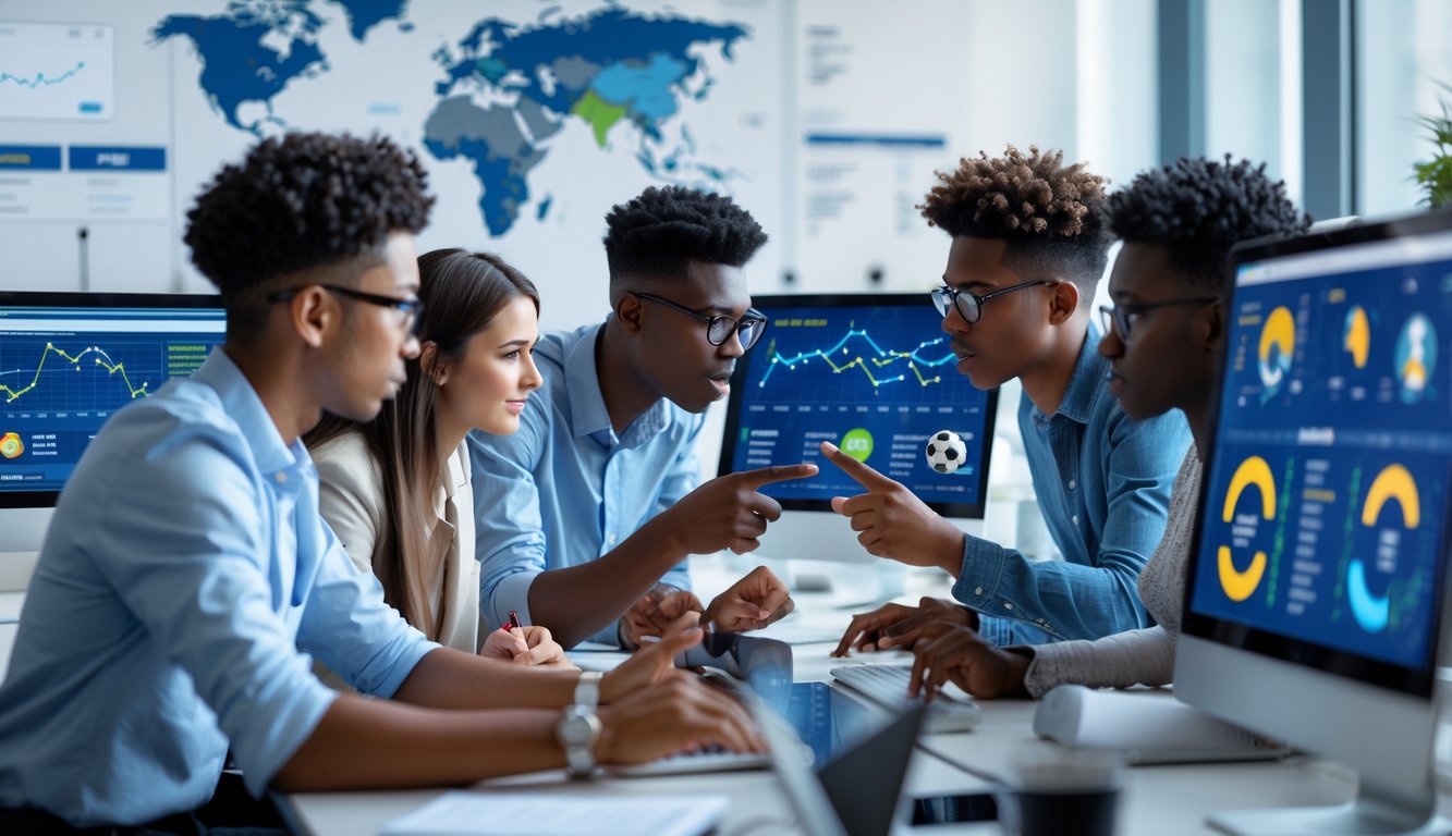 Sekelompok orang muda sedang bekerja bersama di kantor modern dengan layar komputer yang menampilkan grafik dan ikon terkait taruhan olahraga internasional.