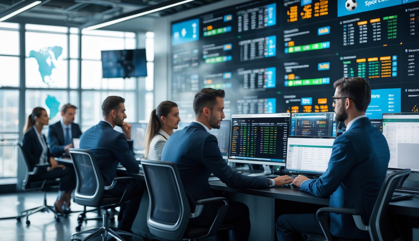 Suasana kantor modern dengan beberapa layar komputer menampilkan pertandingan olahraga internasional dan orang-orang profesional yang sedang berdiskusi.