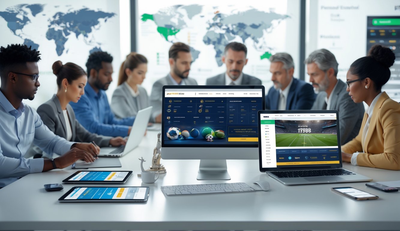 Orang-orang yang sedang menggunakan perangkat digital untuk memasang taruhan olahraga internasional di ruang kerja modern.