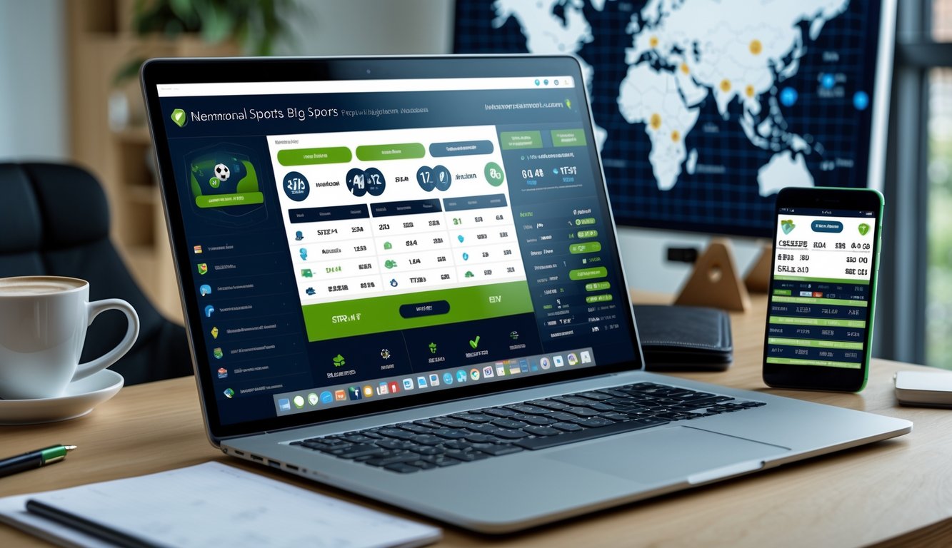 Meja kerja dengan laptop yang menampilkan platform taruhan olahraga, smartphone dengan skor pertandingan langsung, dan peta dunia di latar belakang.