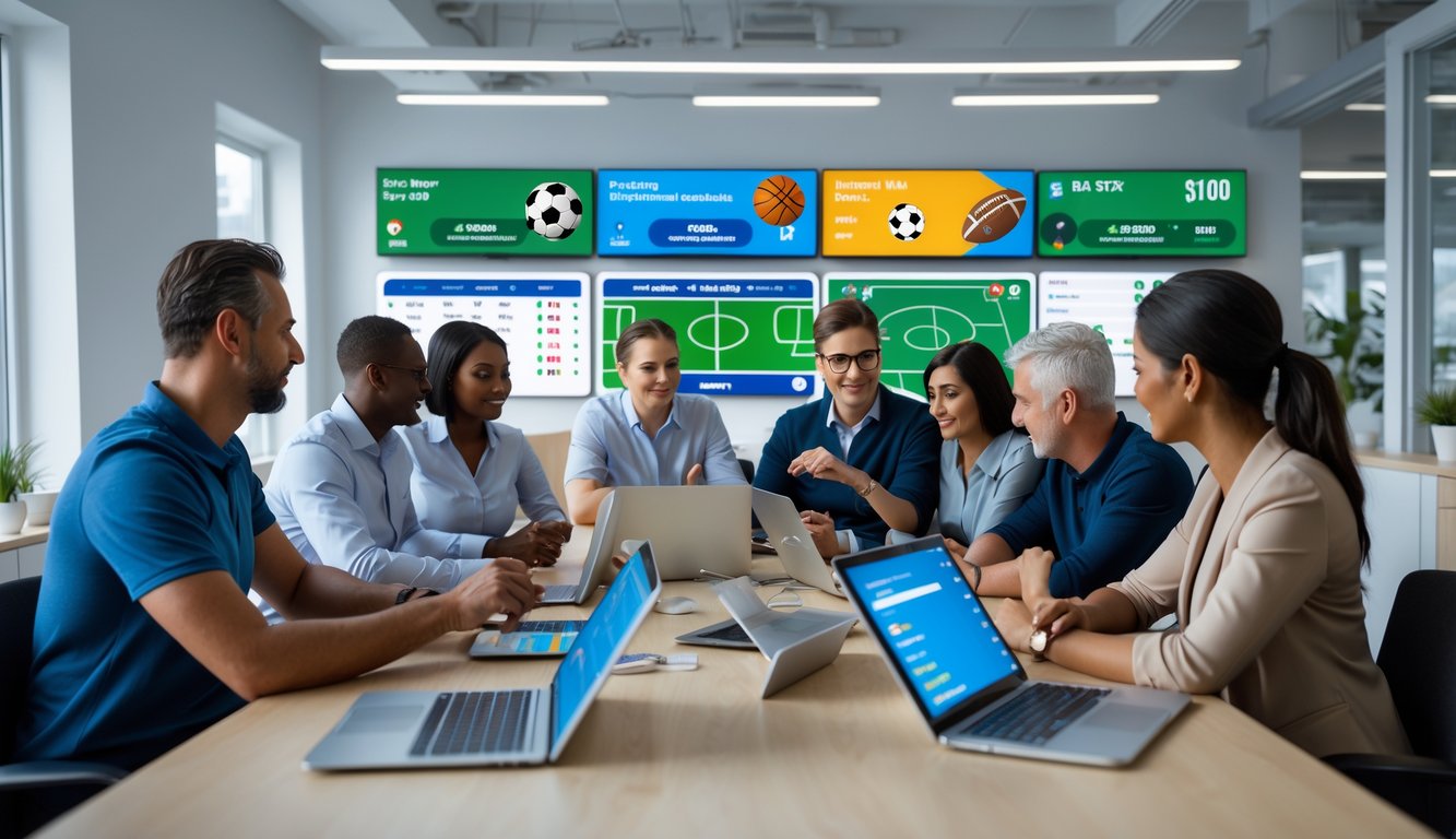 Sekelompok orang sedang berdiskusi dan menggunakan perangkat digital untuk melihat pertandingan olahraga internasional dan peluang taruhan.