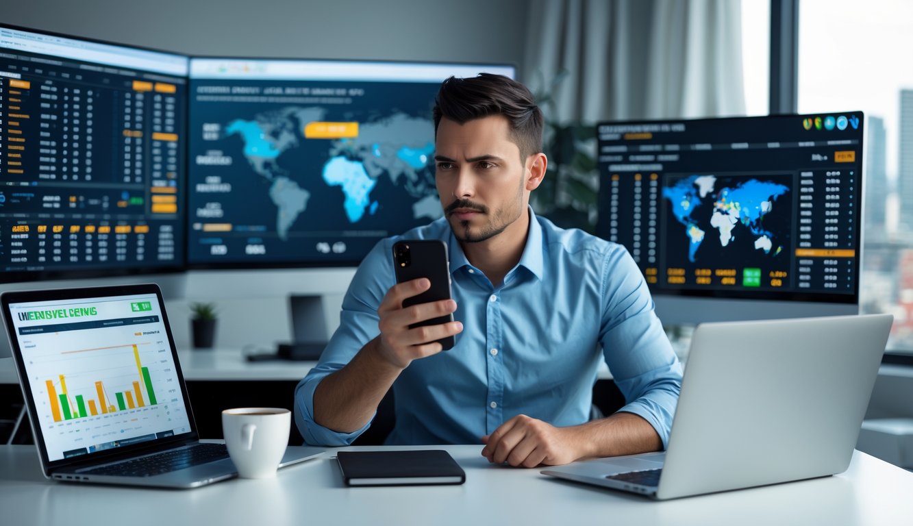 Seorang pria duduk di meja dengan beberapa layar menampilkan acara olahraga dan peluang taruhan, sedang menganalisis data dengan latar kota di belakangnya.