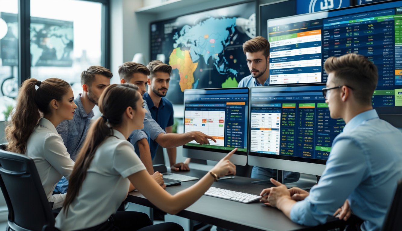Sekelompok orang muda sedang berdiskusi dan menganalisis data taruhan olahraga internasional di sebuah kantor modern.