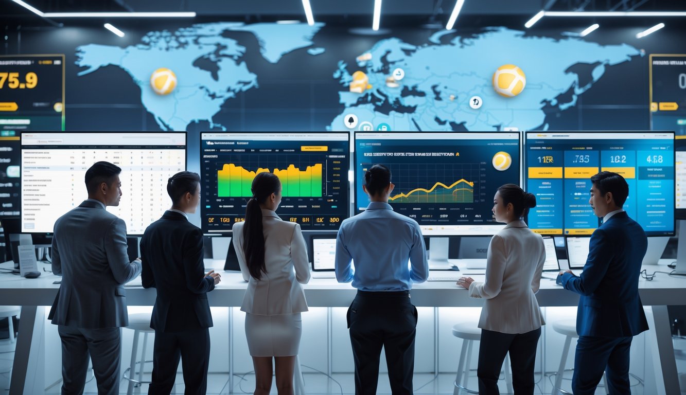 Beberapa profesional sedang bekerja di kantor modern dengan beberapa layar komputer yang menampilkan data taruhan olahraga internasional dan statistik pertandingan secara real-time.