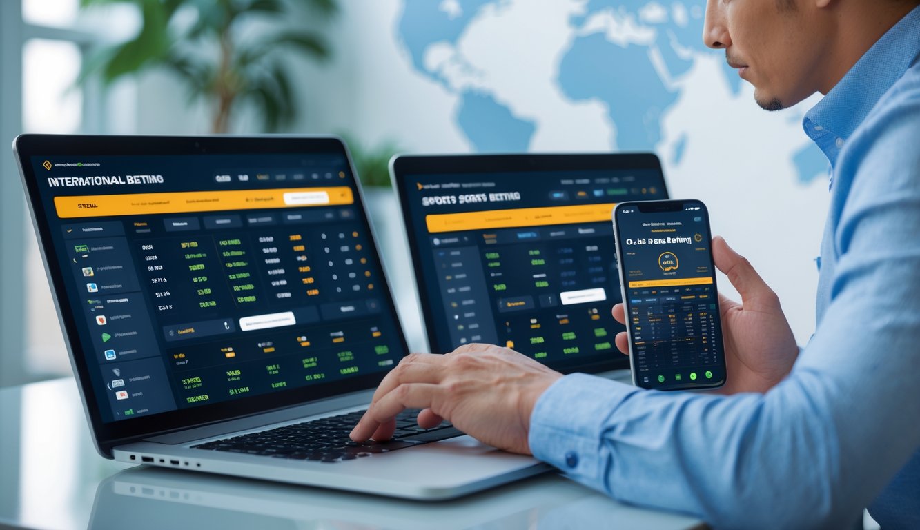Seseorang menggunakan beberapa perangkat digital yang menampilkan data taruhan olahraga internasional dengan latar belakang peta dunia samar.